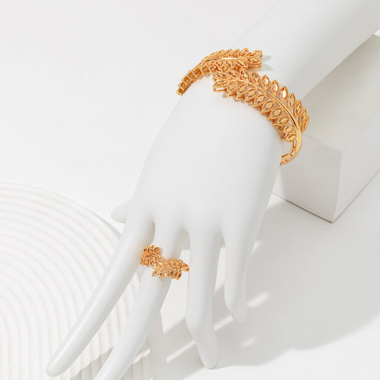 Vintage Gold Wheat Leaf Bracelet with Matching Open Ring 