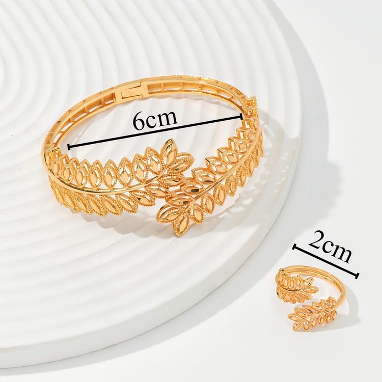 Vintage Gold Wheat Leaf Bracelet with Matching Open Ring 