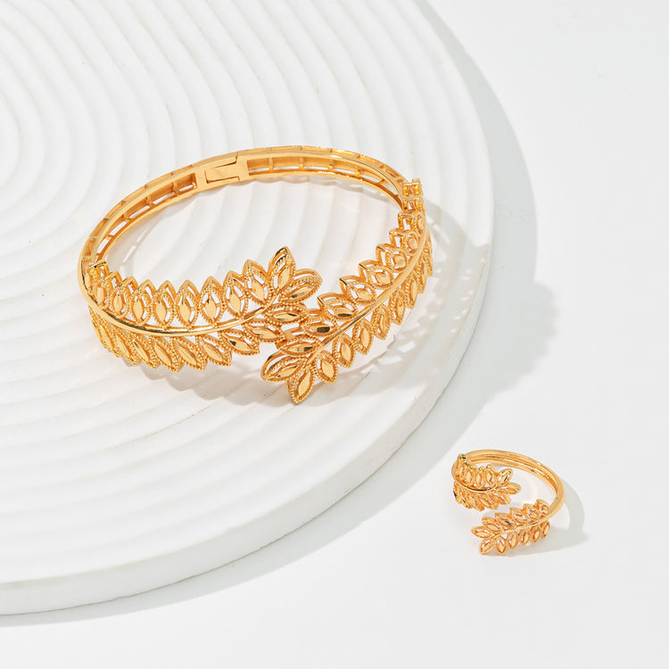 Vintage Gold Wheat Leaf Bracelet with Matching Open Ring 