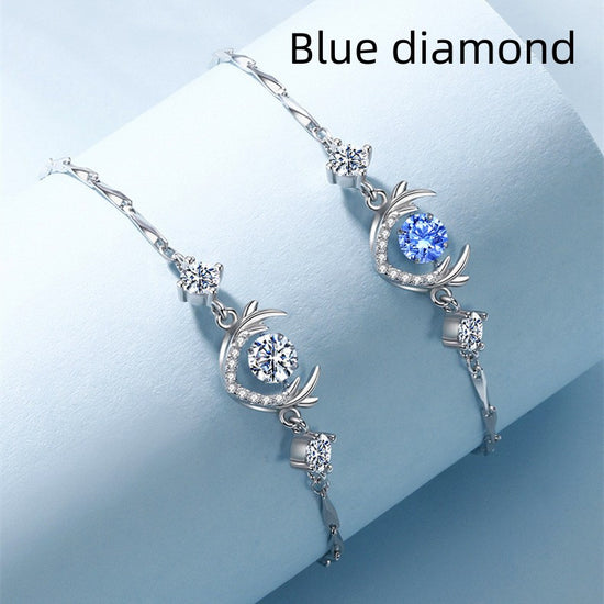 S925 Silver Deer Horn Bracelet featuring blue diamond and silver deer horn design.